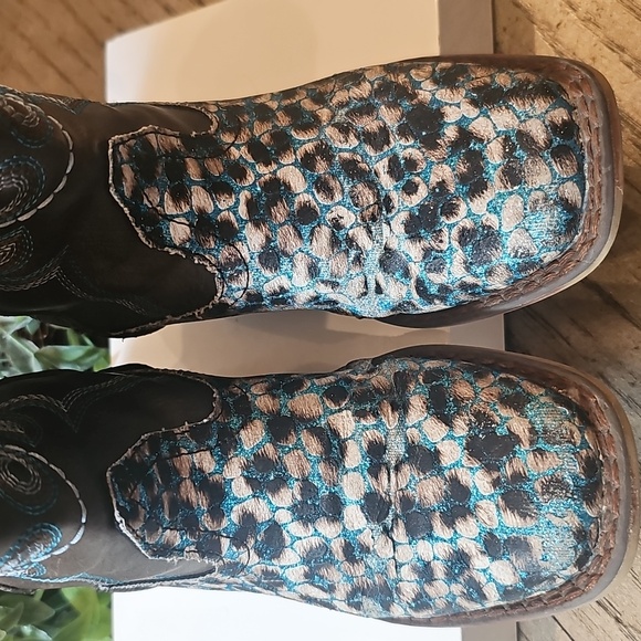 Roper Leopard Brown Blue Glitter Western Boots Size 11 Square Toe - Picture 3 of 10